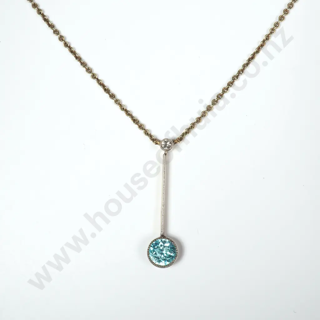 Antique Edwardian 9ct Gold Blue Topaz & Diamond Knife Pendant on Integrated Chain Image 1++