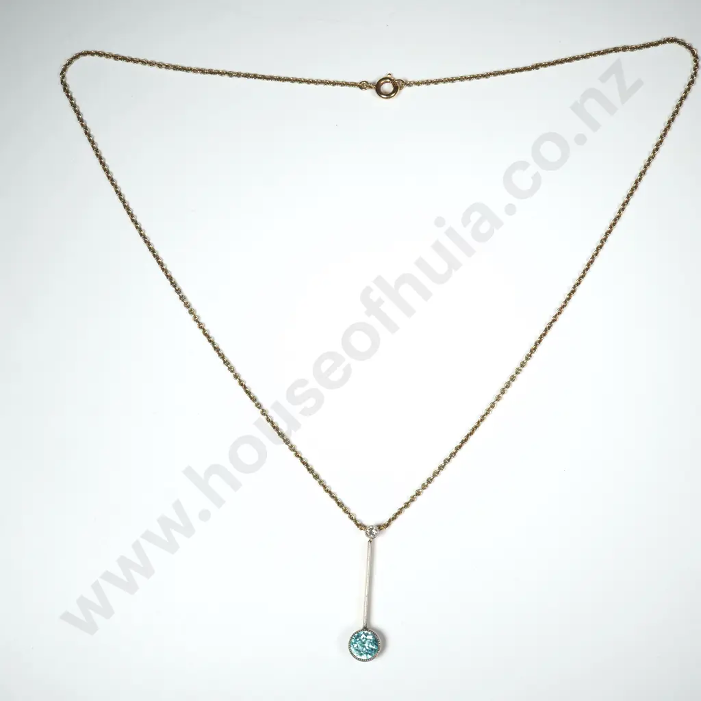 Antique Edwardian 9ct Gold Blue Topaz & Diamond Knife Pendant on Integrated Chain Image 1++