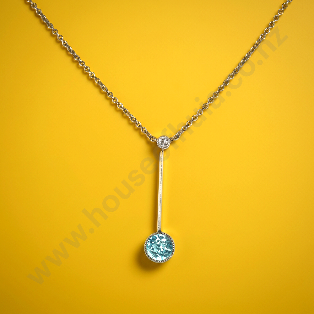 Antique Edwardian 9ct Gold Blue Topaz & Diamond Knife Pendant on Integrated Chain Image 1++