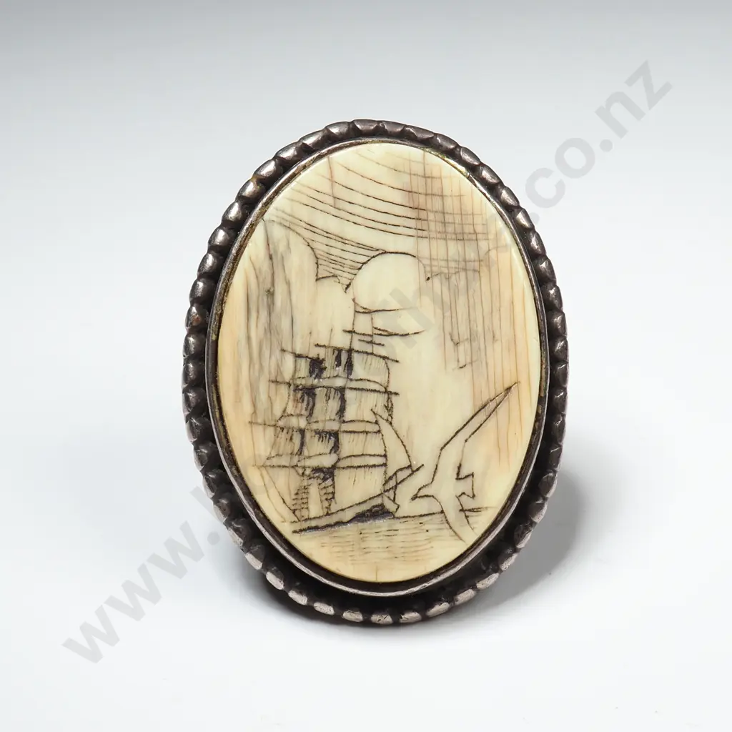 Sterling Silver Whalebone Scrimshaw Ring Image 1++