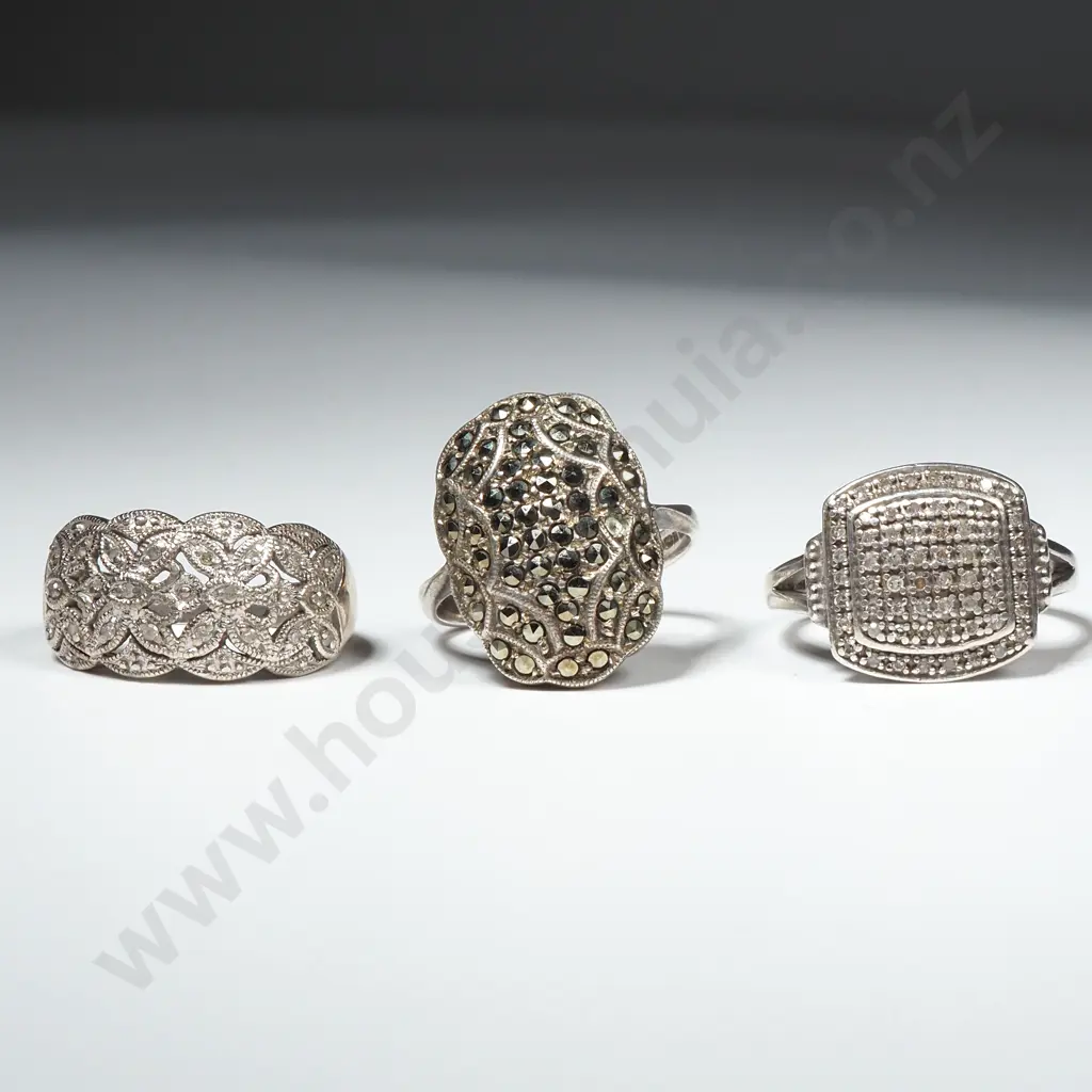 Three Sterling Silver Marcasite Rings Image 1++