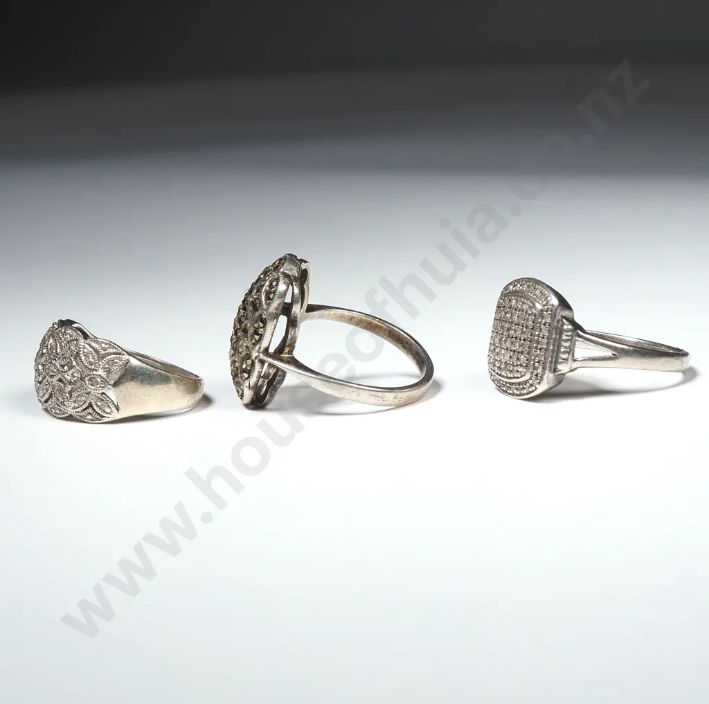 Three Sterling Silver Marcasite Rings Image 1++