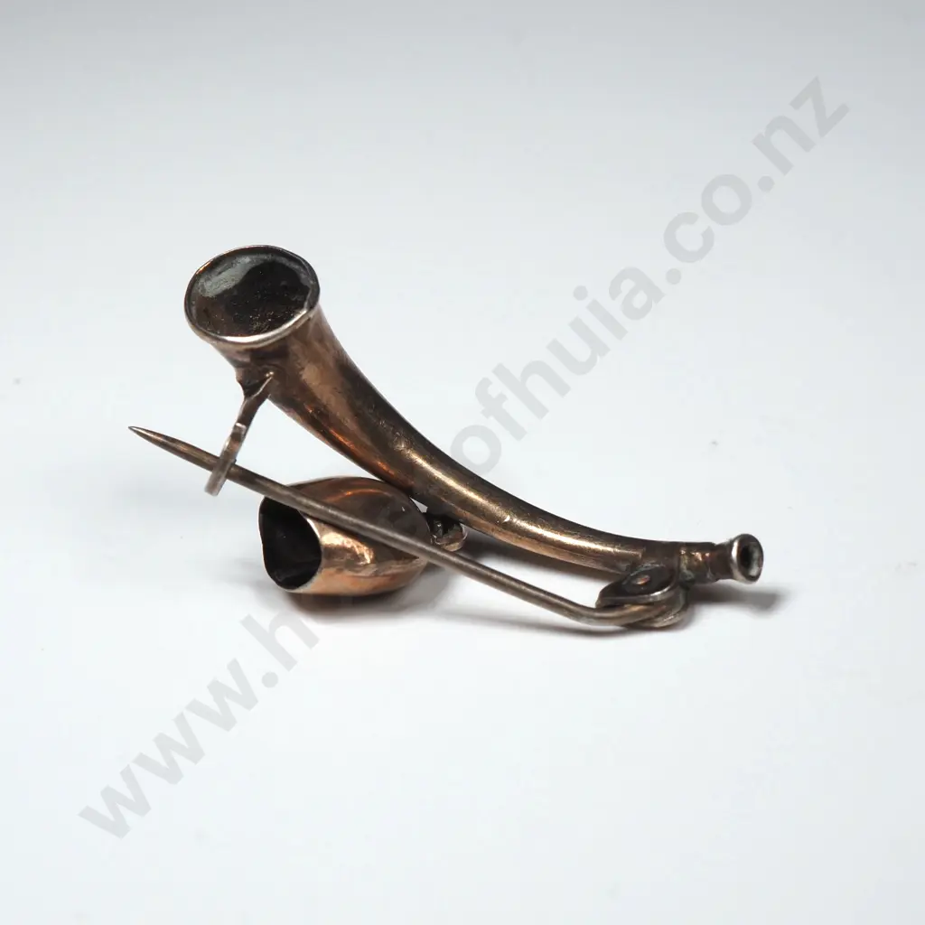 Silver Gilt Hunting Horn Brooch w Bell Image 1++