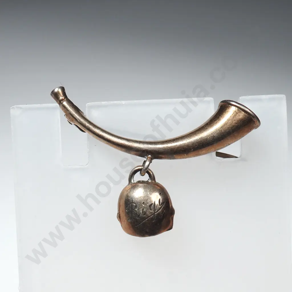 Silver Gilt Hunting Horn Brooch w Bell Image 1++