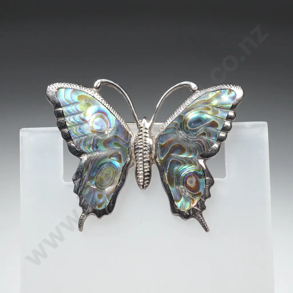 Vintage Sterling Silver Paua Shell Butterfly Brooch Image 1++