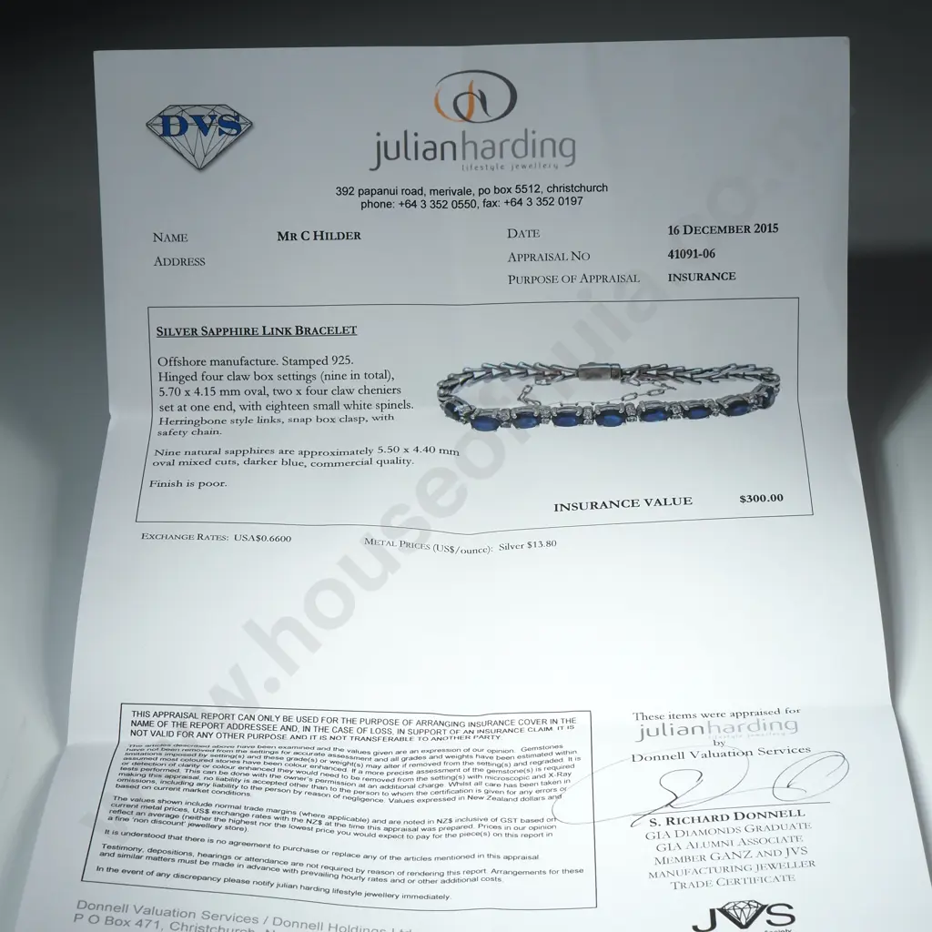 Sterling Silver Sapphire Link Bracelet w Valuation for $300.00 Image 1++