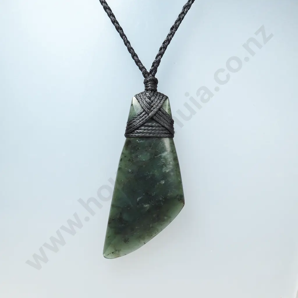 New Zealand Pounamu Slender Adze Pendant w Plaited Cord Image 1++