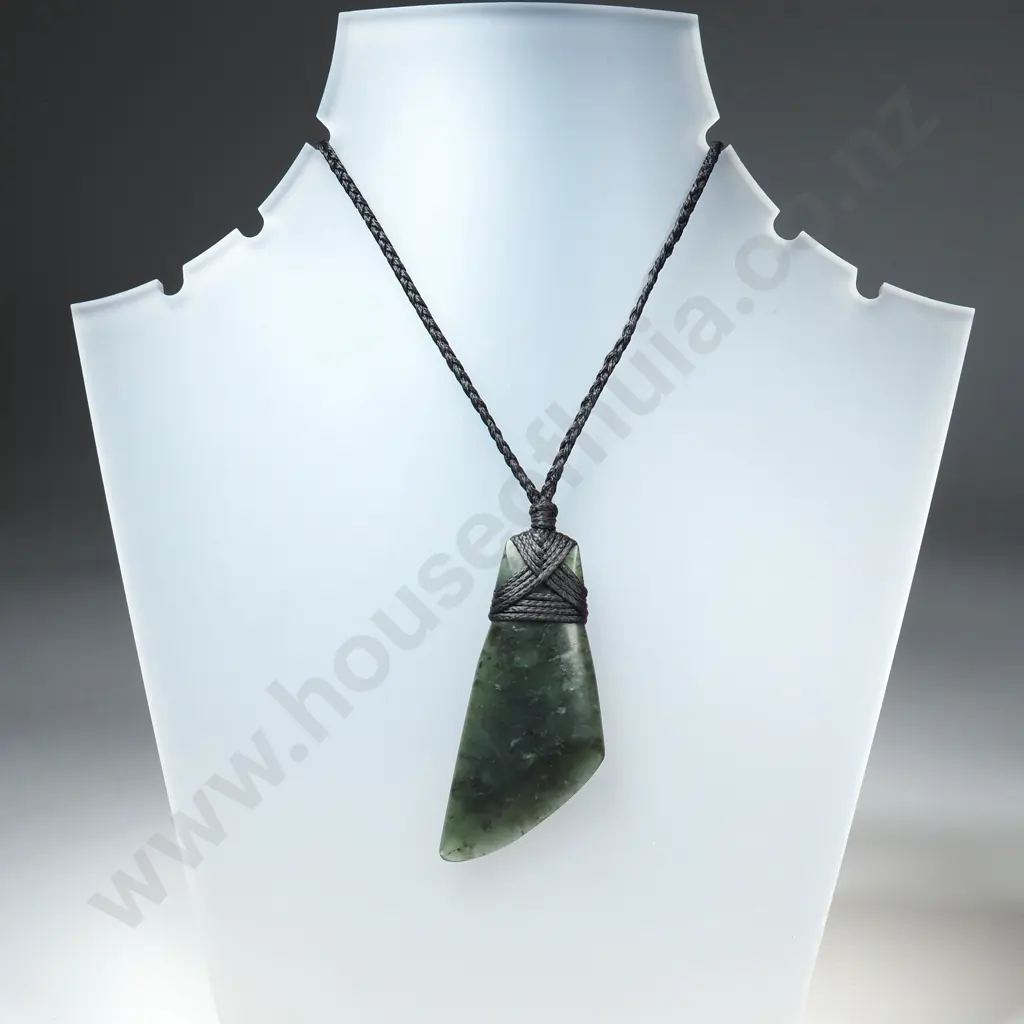 New Zealand Pounamu Slender Adze Pendant w Plaited Cord Image 1++