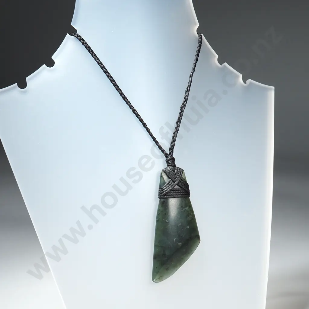 New Zealand Pounamu Slender Adze Pendant w Plaited Cord Image 1++