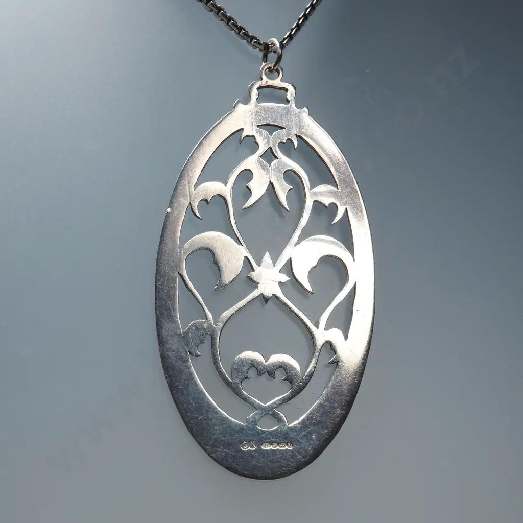 Large Sterling Silver Oval Openwork Pendant & Chain. Birm 2003. Maker CK Image 1++