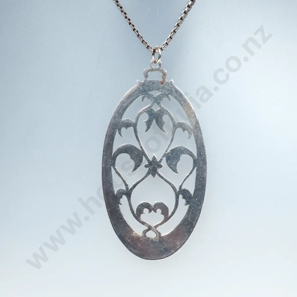 Large Sterling Silver Oval Openwork Pendant & Chain. Birm 2003. Maker CK Image 1++