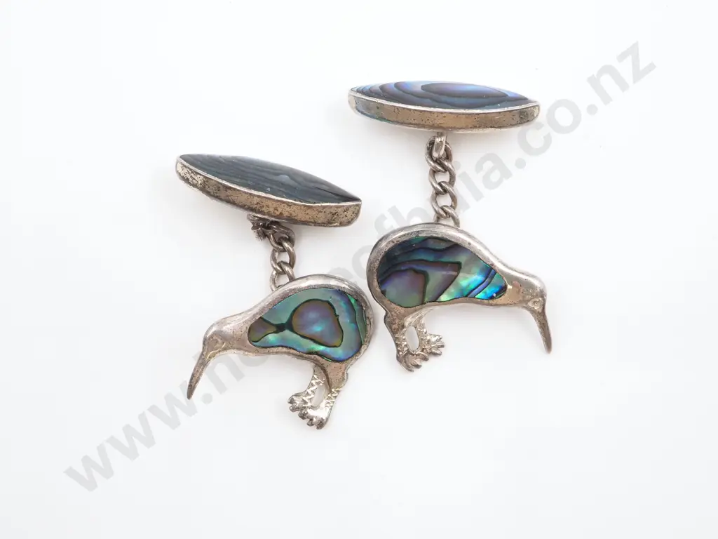 Vintage Sterling Silver & Paua Shell Kiwi Bird Cufflinks Image 1++