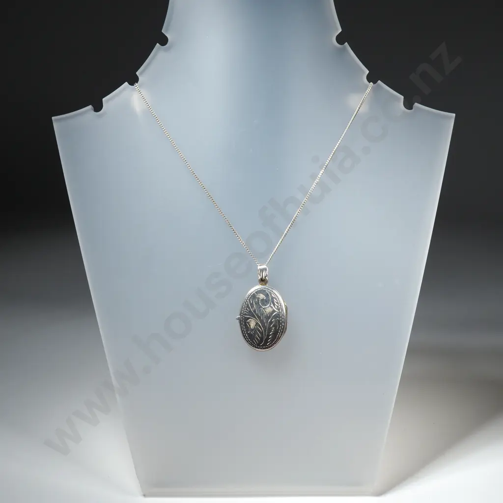Sterling Silver Engraved Oval Pendant on Chain Image 1++