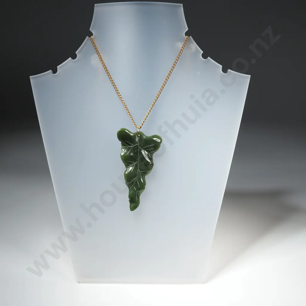 Greenstone Leaf Pendant on Gold Tone Chain Image 1++