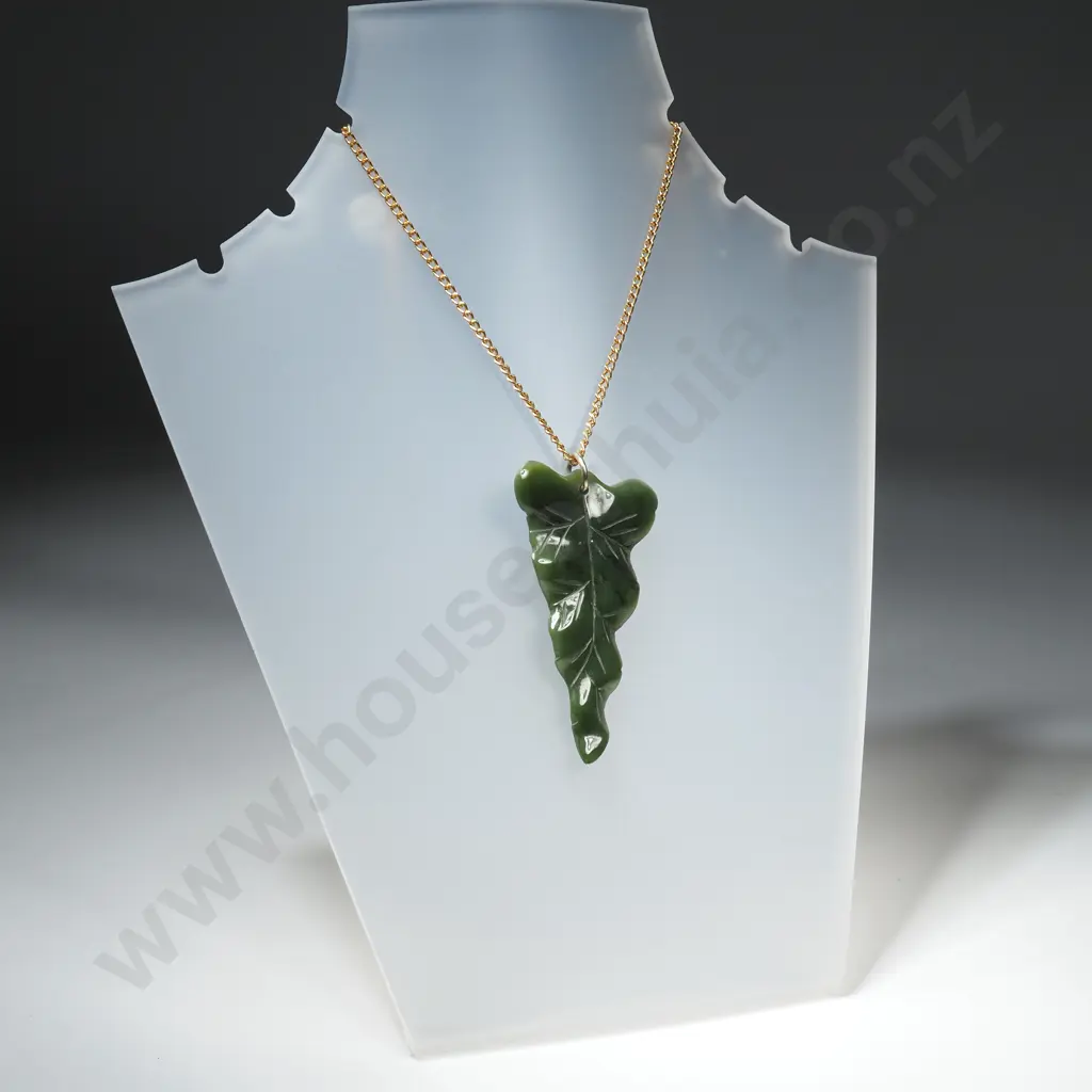 Greenstone Leaf Pendant on Gold Tone Chain Image 1++