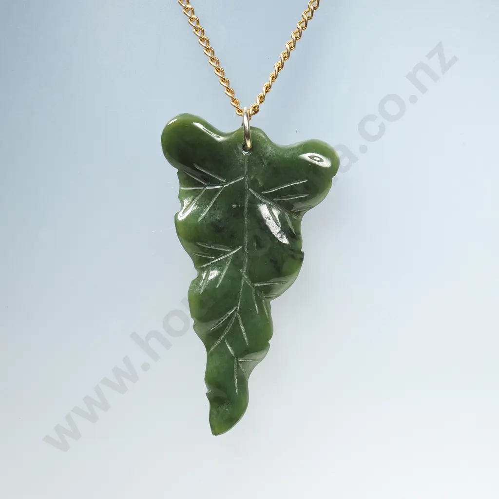 Greenstone Leaf Pendant on Gold Tone Chain Image 1++