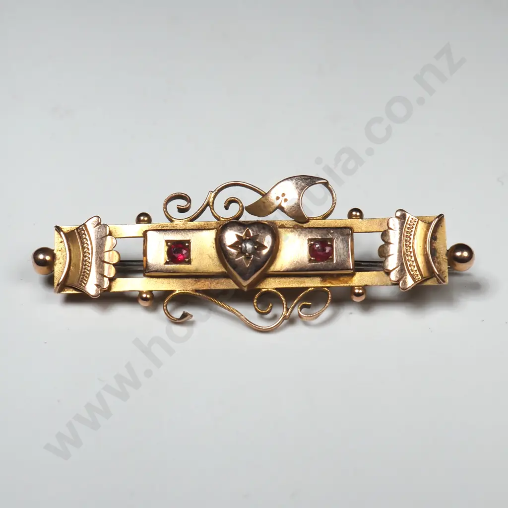 Vintage 9ct Gold Bar Brooch set w White & Red Stones Image 1++