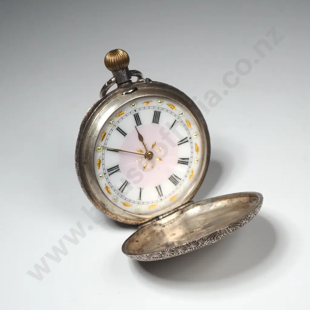 Antique Ladies Chased Floral & Foliate Sterling Silver Pocket Watch w Ornate Enameled Dial Image 1++