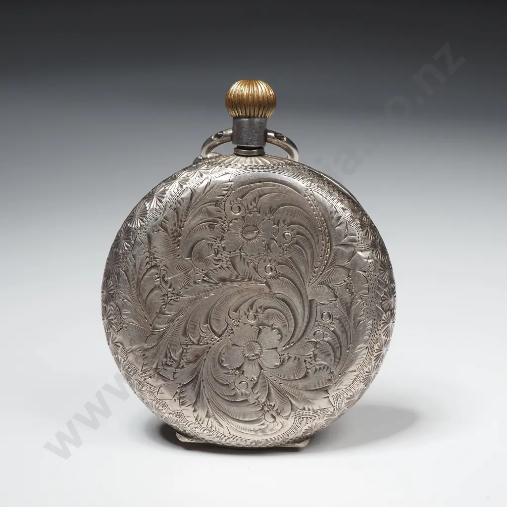 Antique Ladies Chased Floral & Foliate Sterling Silver Pocket Watch w Ornate Enameled Dial Image 1++
