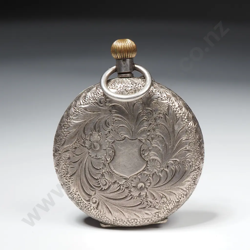 Antique Ladies Chased Floral & Foliate Sterling Silver Pocket Watch w Ornate Enameled Dial Image 1++