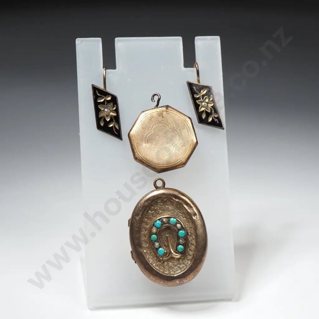Pinch Beck Oval Locket Set w Turquoise, Octagonal 9ct Gold Locket & Black Enameled Single Earrings Image 1++