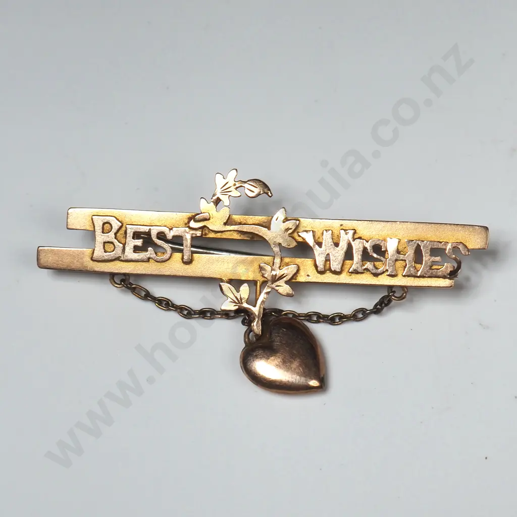 9ct Gold Bar Brooch "Best Wishes" & Suspended Heart Image 1++