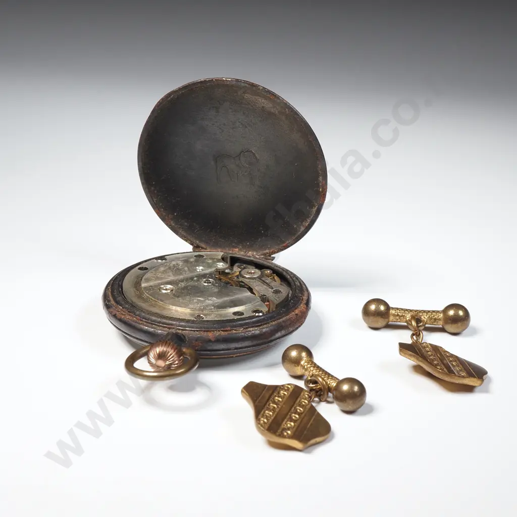 Gun Metal Pocket Watch & Pair of Gilt Cufflinks Image 1++