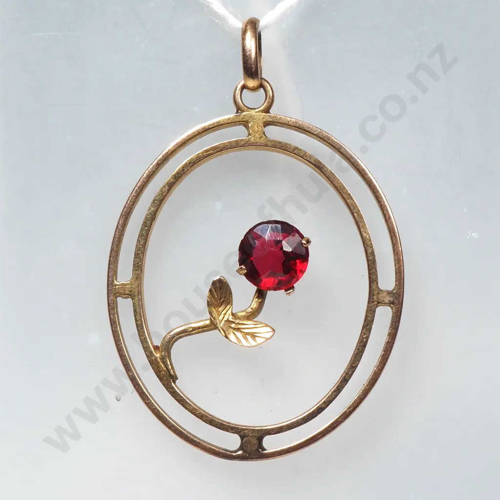 9ct Gold Art Nouveau Pendant set w Red Stone Image 1++