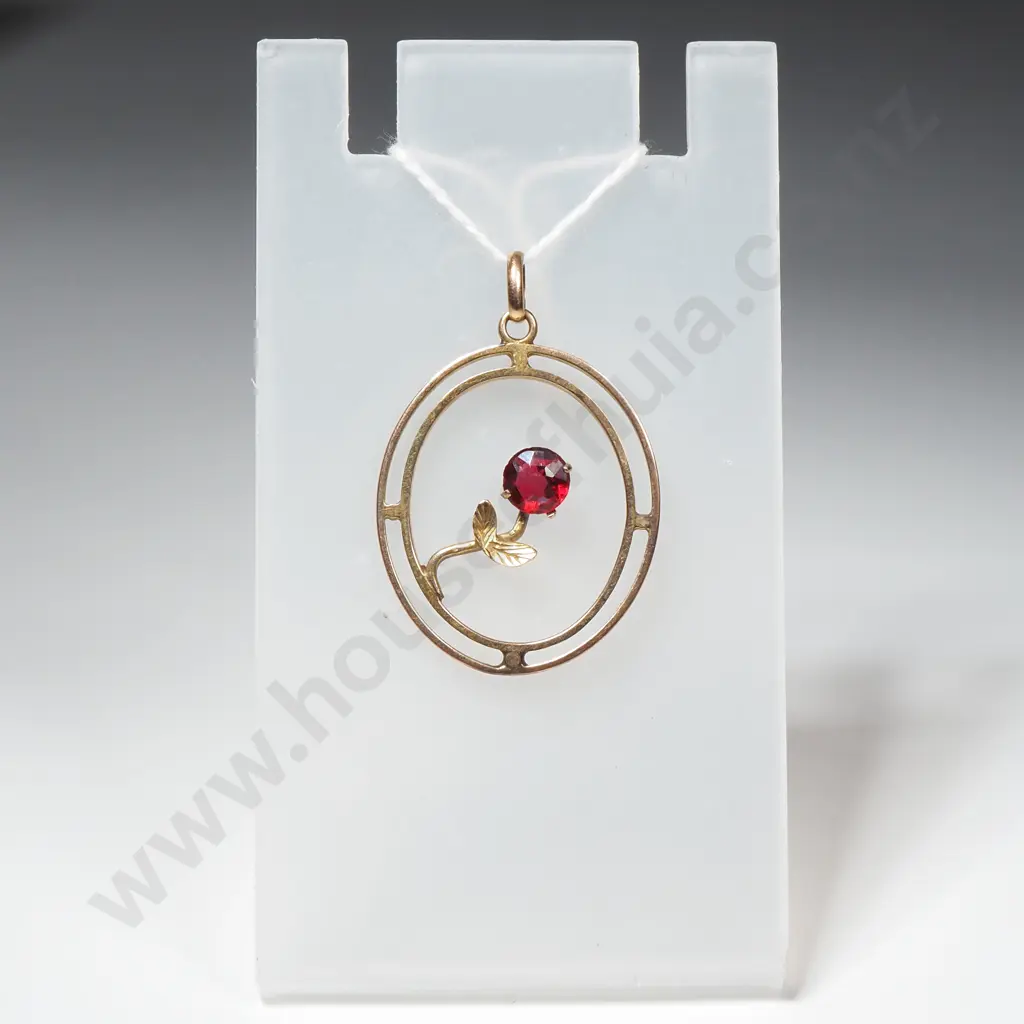 9ct Gold Art Nouveau Pendant set w Red Stone Image 1++