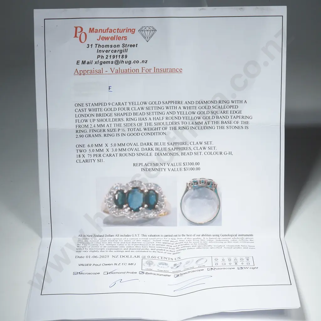 9ct Gold Sapphire & Diamond Ring w Valuation for $3,300.00 Image 1++