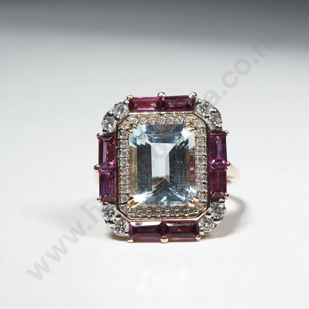 9ct Aqua /Diamond Art Deco Style Ring Image 1++