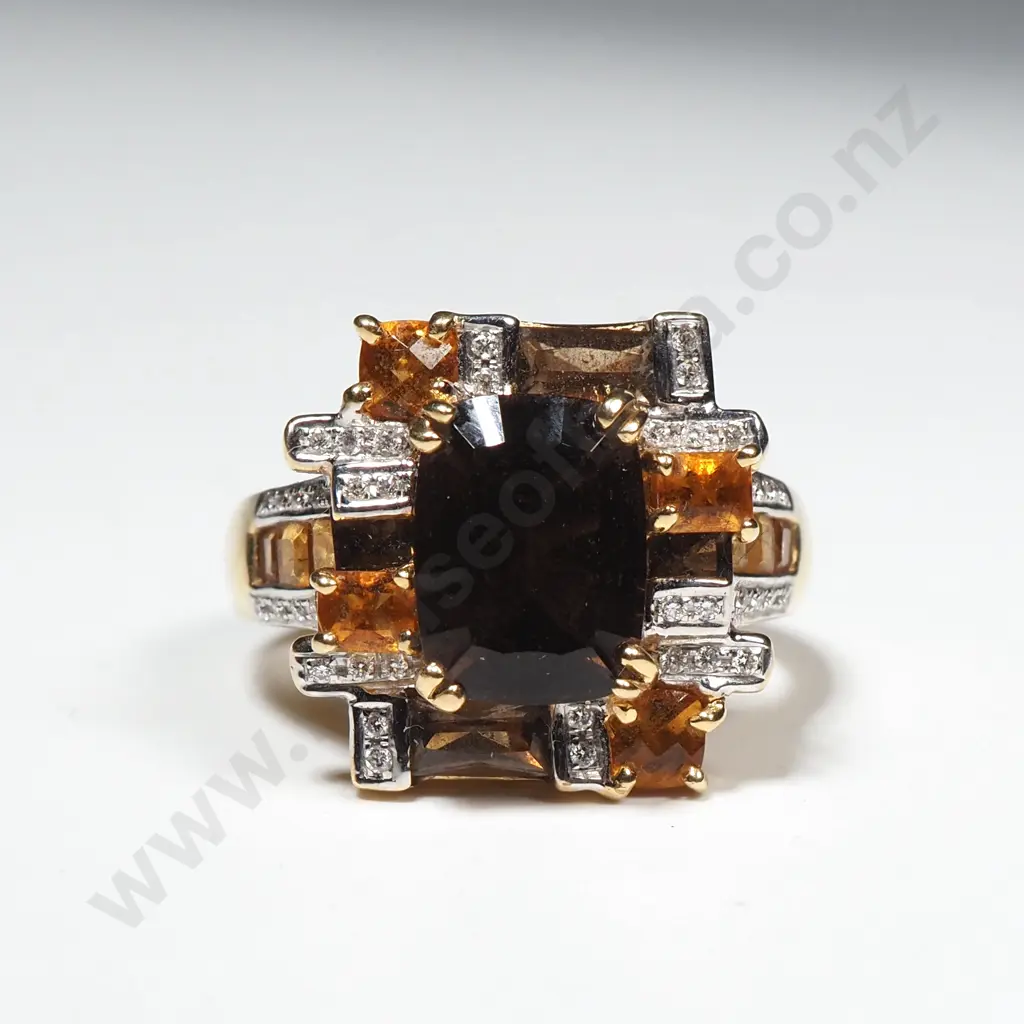 18ct Tourmaline, Diamond, Smokey Quartz & Citrine Dress Ring Image 1++