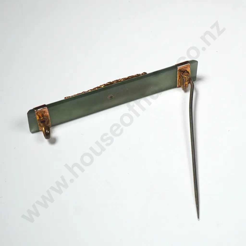 Vintage 9ct Gold Greenstone New Zealand Brooch Image 1++