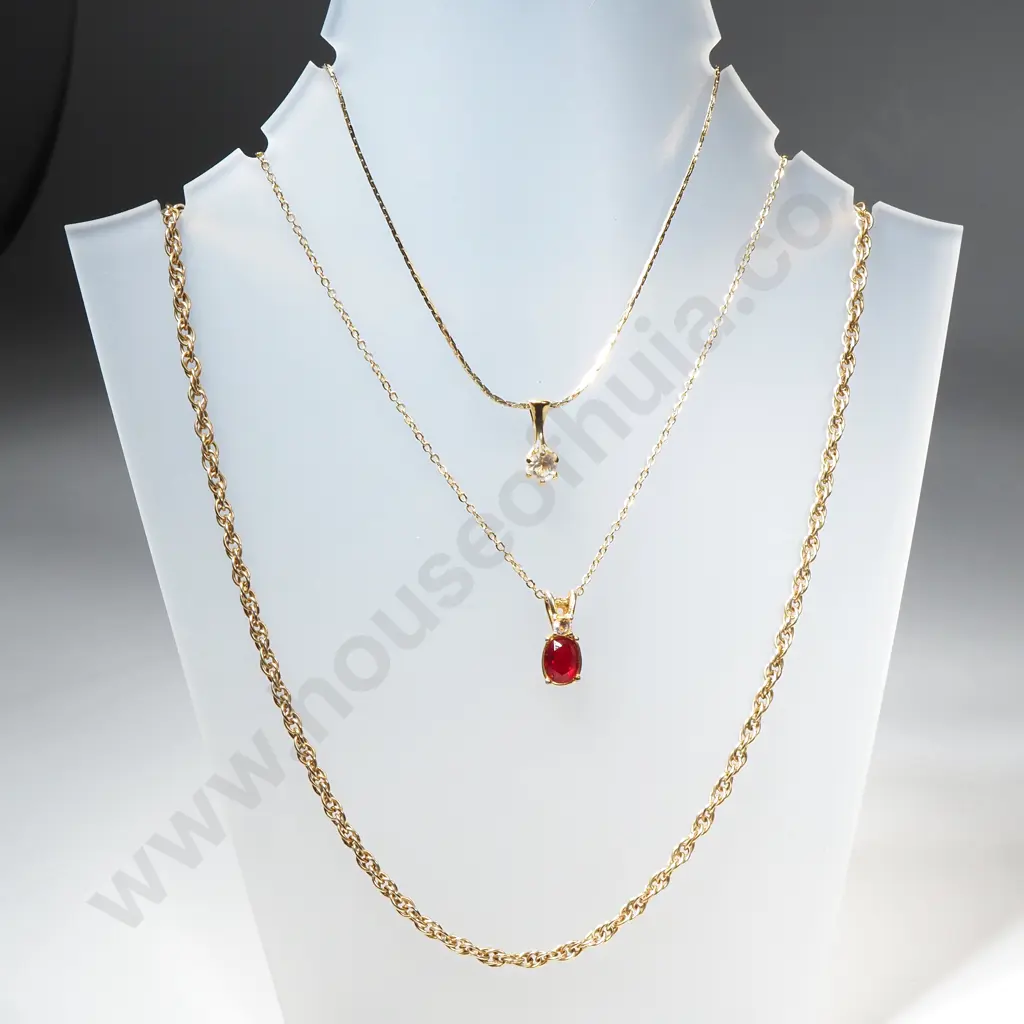 Two Gold Tone Pendant Necklace w Red & White Stones & a Gold Tone Chain Image 1++