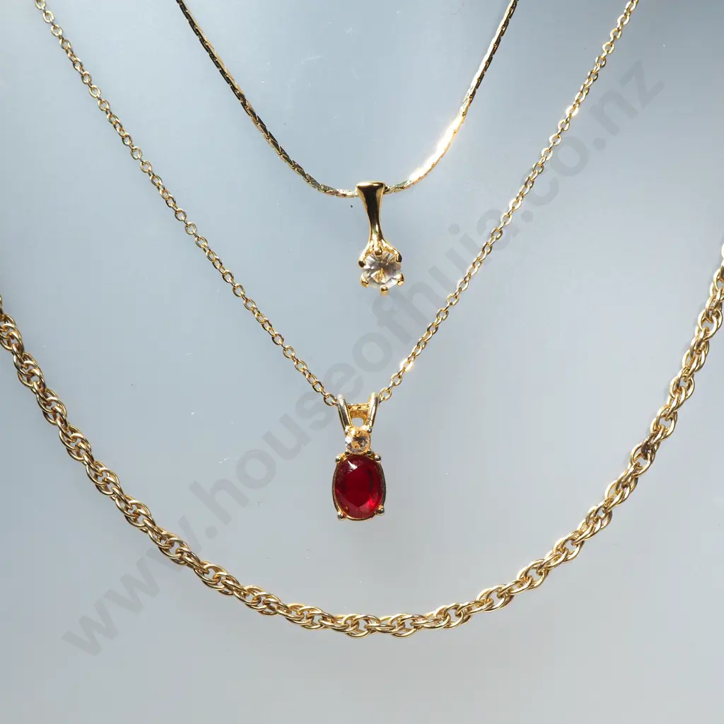 Two Gold Tone Pendant Necklace w Red & White Stones & a Gold Tone Chain Image 1++