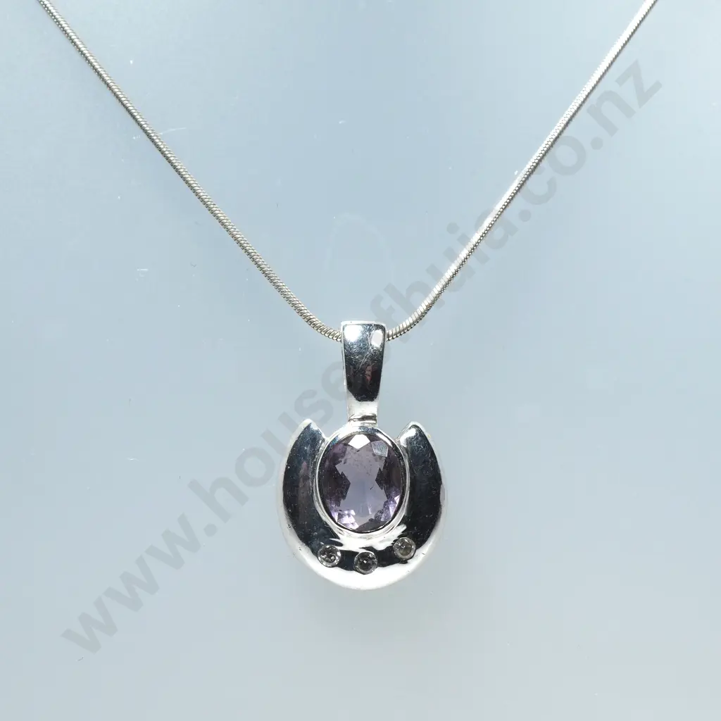 Sterling Silver Pendant & Chain set w Purple & White Stones Image 1++