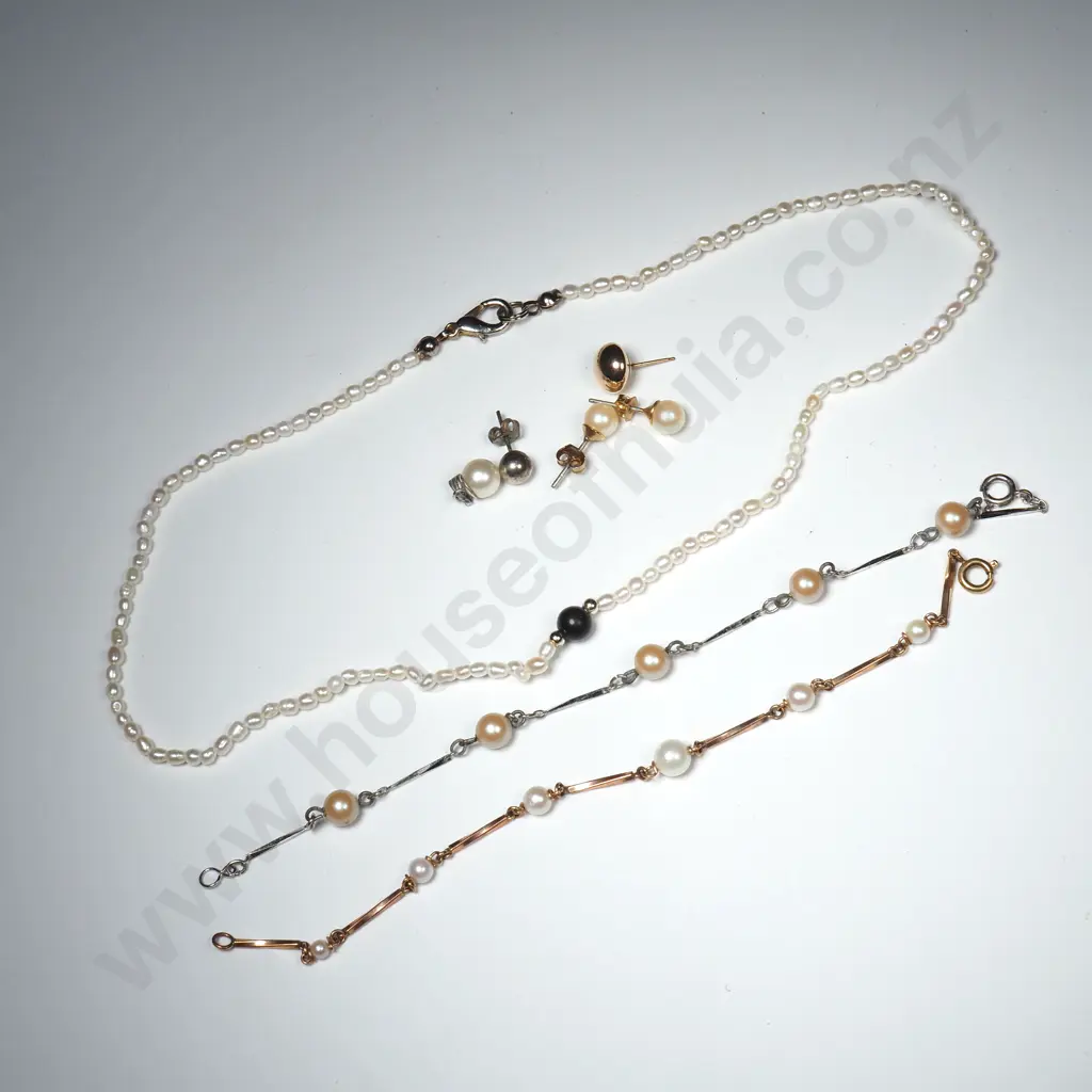 Silver Tone & Pearl Bracelet, Gold Tone & Pearl Bracelet Pearl Stud Earrings & Necklace Image 1++