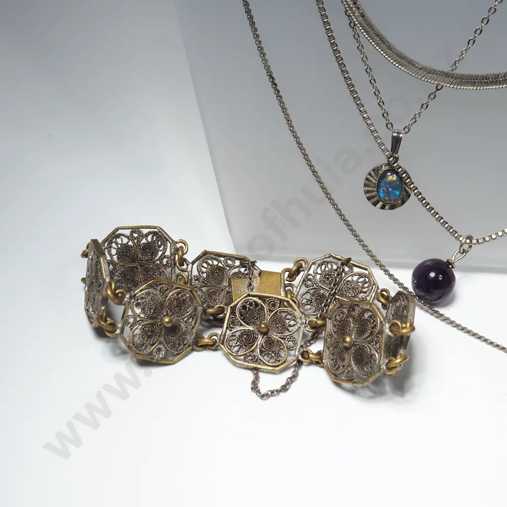Costume Jewellery to Include Filigree Bracelet, Flat Link Necklace, Heart Pendant on Chain & Opal Necklace On Chain Image 1++