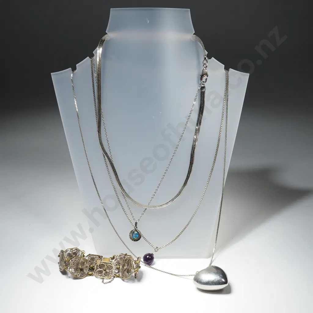 Costume Jewellery to Include Filigree Bracelet, Flat Link Necklace, Heart Pendant on Chain & Opal Necklace On Chain Image 1++