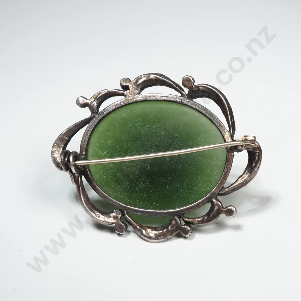 Sterling Silver, Greenstone & Macasite Brooch Image 1++