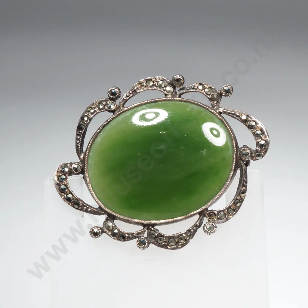 Sterling Silver, Greenstone & Macasite Brooch Image 1++