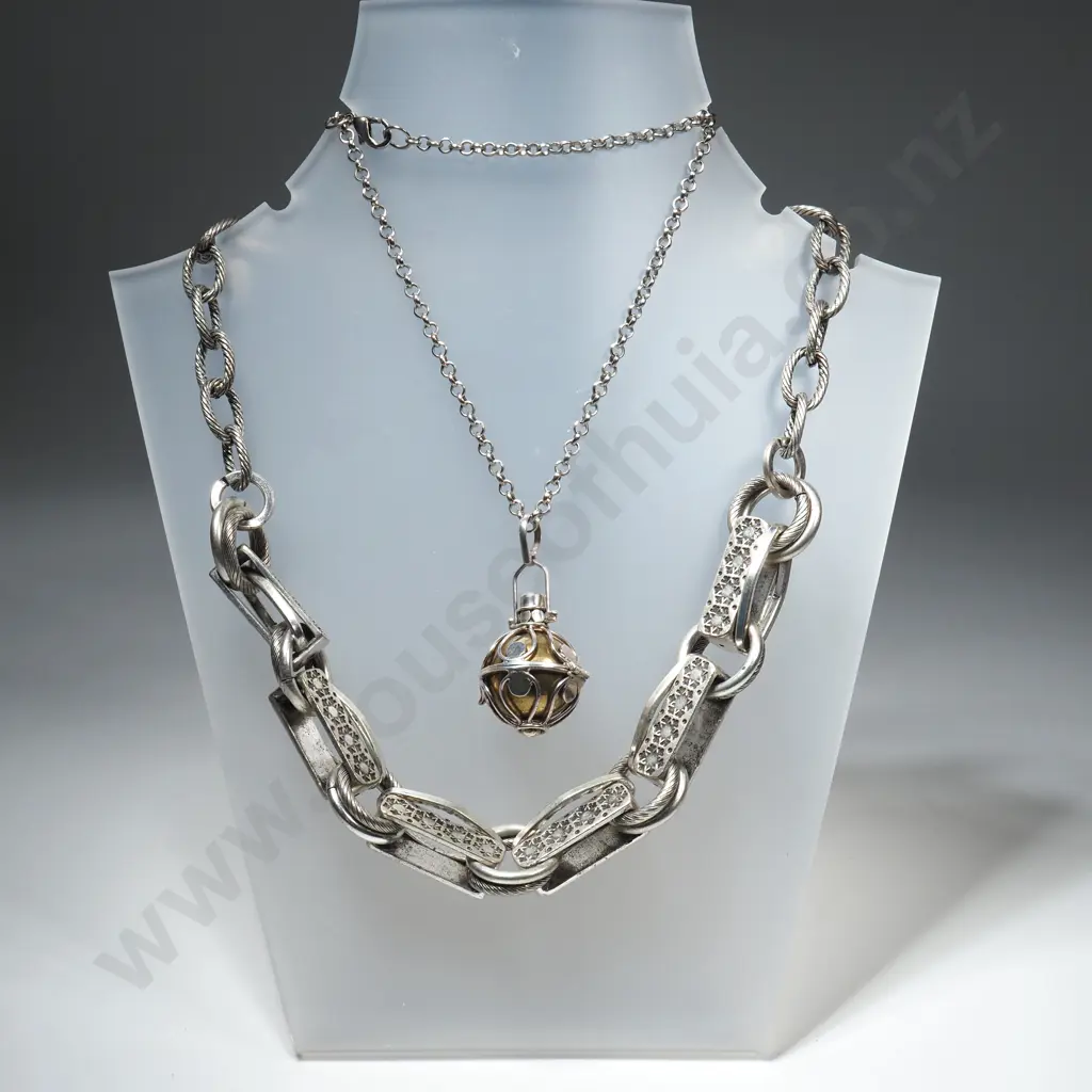 Karigar Heavy Silver Tone Choker Necklace & a Silver & Gold Tone Harmony Ball Necklace On Chain Image 1++