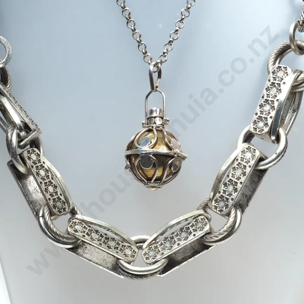 Karigar Heavy Silver Tone Choker Necklace & a Silver & Gold Tone Harmony Ball Necklace On Chain Image 1++