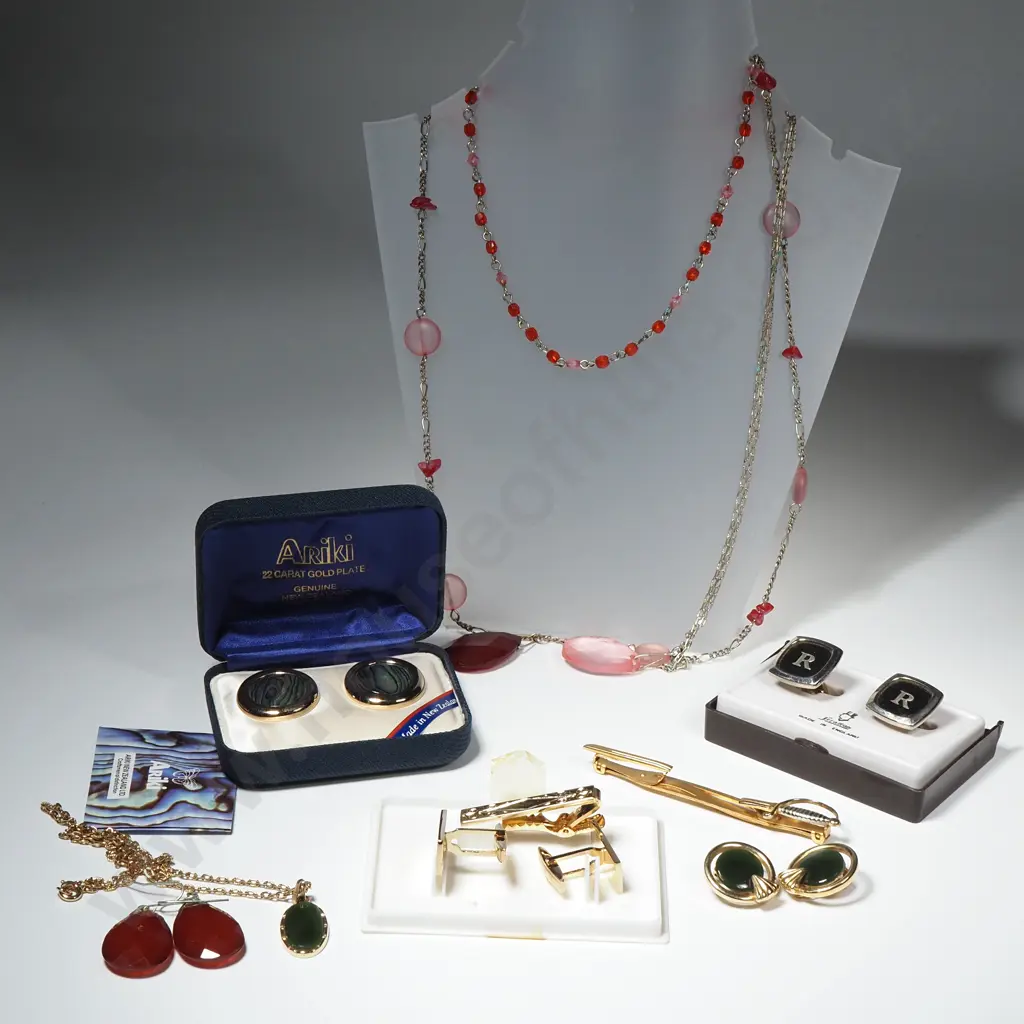 Collection Of Items Including Tie Holders & Cufflinks, Gold Tone & Greenstone Pendant & Earrings, Paua Shell Earrings Image 1++