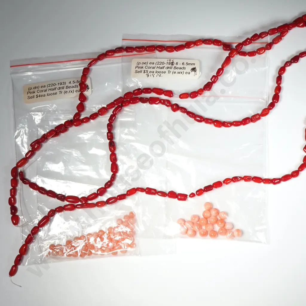 Four Strands of Red Coral Beads & Pink Coral Half Drilled Beads 4.5-5mm & 6-6.5mm Image 1++