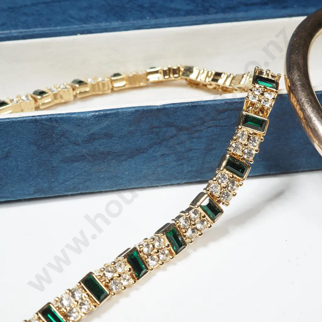 Vintage Gold Lined Slave Bracelet & A Gold Tone Necklace w Green & White Stones Image 1++