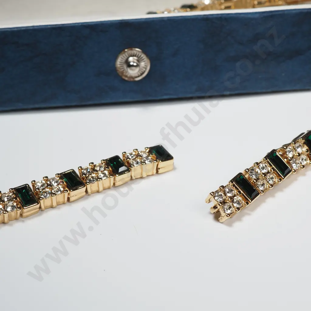 Vintage Gold Lined Slave Bracelet & A Gold Tone Necklace w Green & White Stones Image 1++