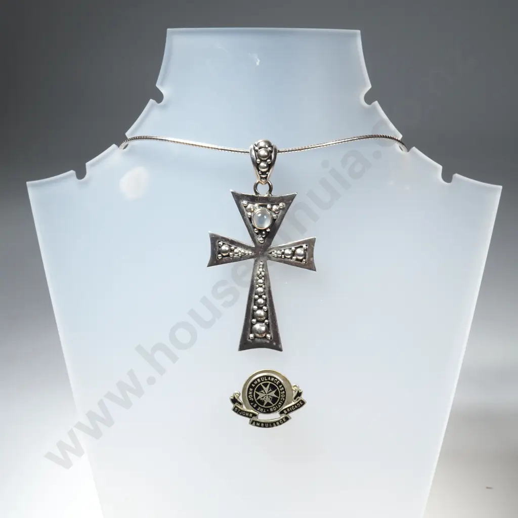 Sterling Silver Cross Inset w Moonstone & Chain & Vintage St John Ambulance Brigade Badge w Black Enamel Maltese Cross Image 1++