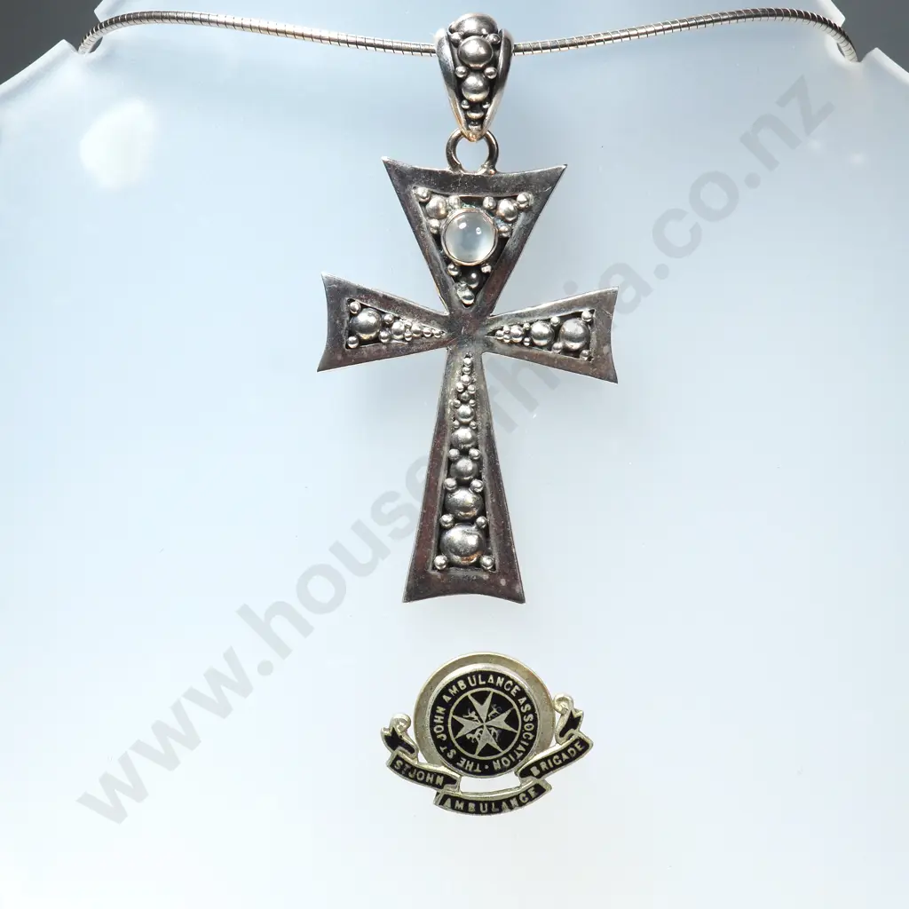 Sterling Silver Cross Inset w Moonstone & Chain & Vintage St John Ambulance Brigade Badge w Black Enamel Maltese Cross Image 1++