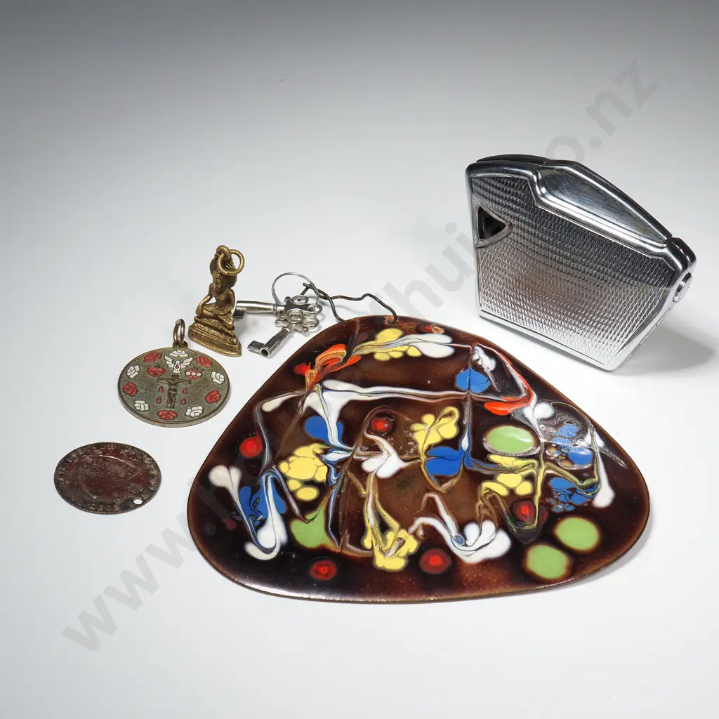 Small Vintage Enamel Copper Plaque, "In Memory of the Good Old Days" Gaming Token, Catholic Devotional Pendant & Lighter Image 1++